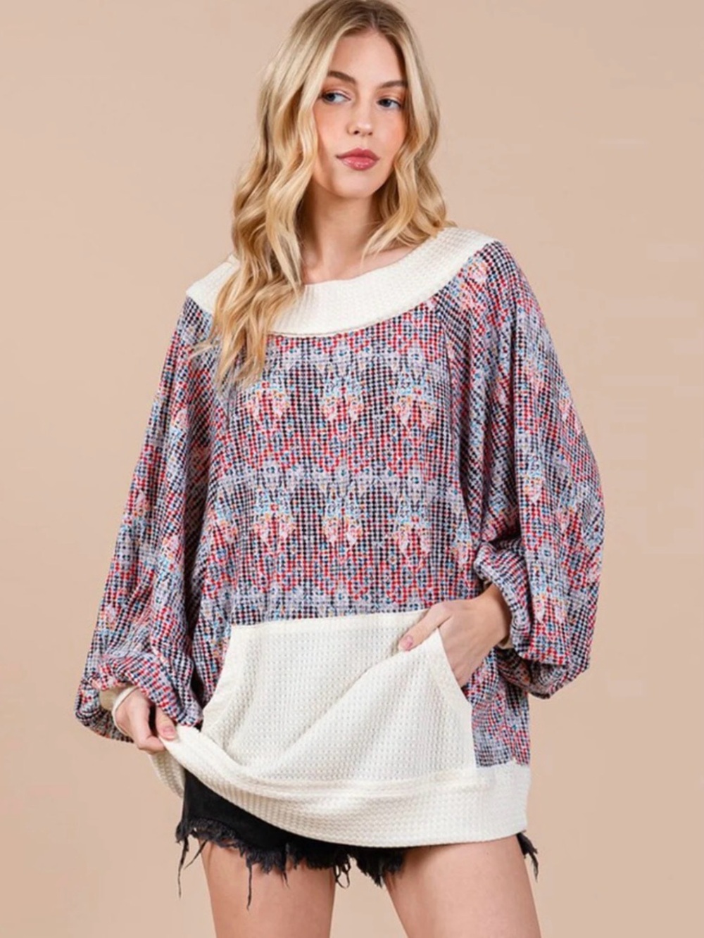 Ces Femme Multicolor Floral Knit Pullover with Cream Pocket